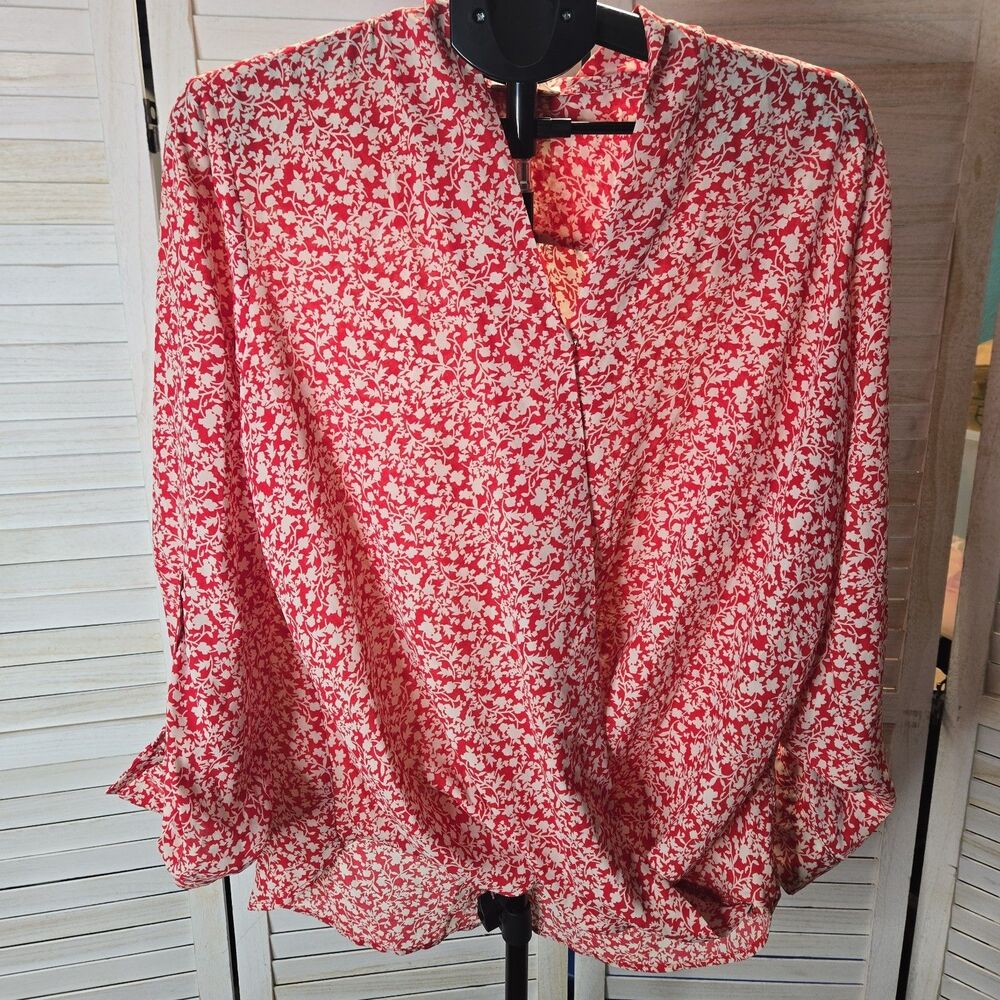 Anthropologie Pleione Womens Blouse Red White Floral Surplice Faux Wrap Size XL
